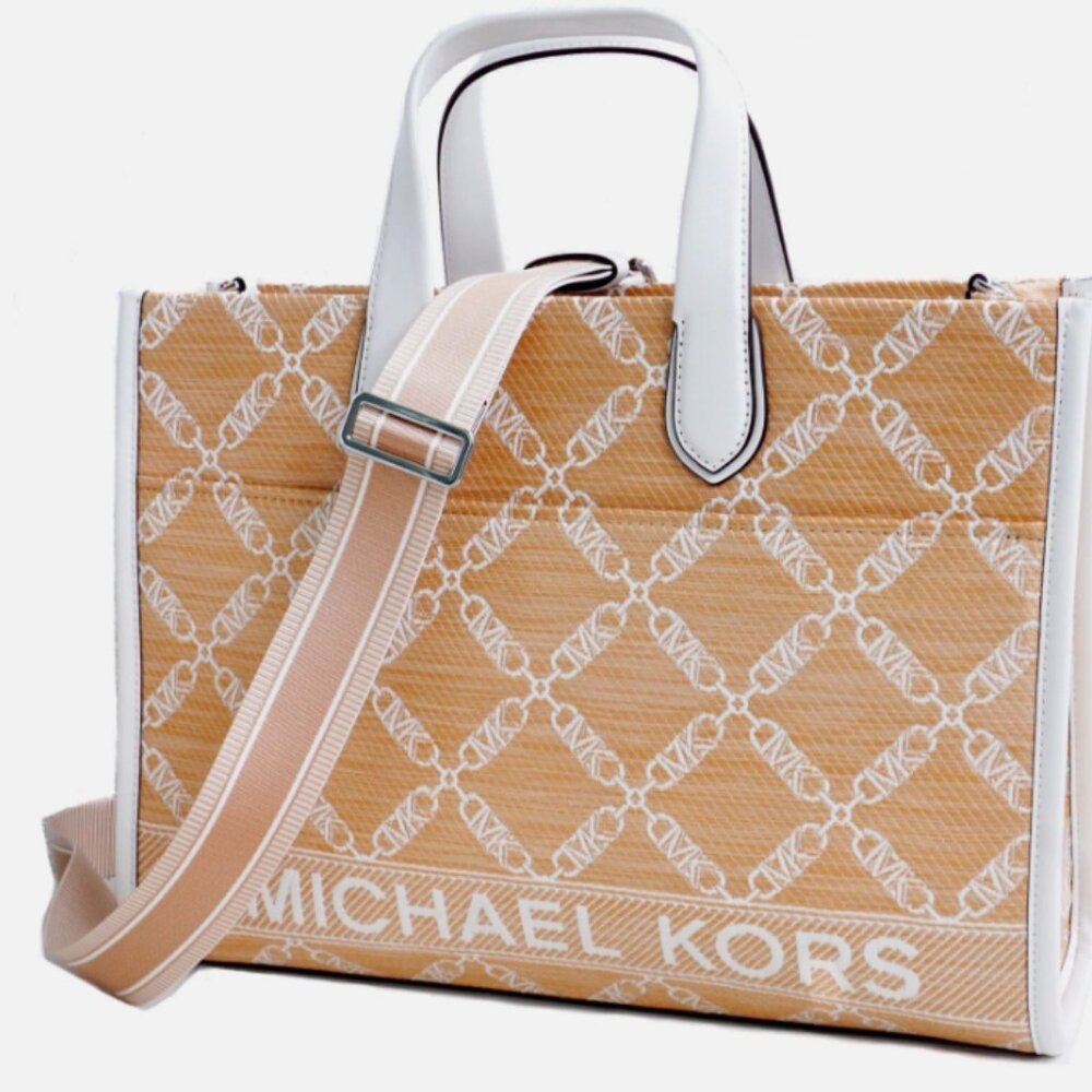 Michael Kors Gigi Large Logo Tote Grab Signature Bag Natural / White NWT